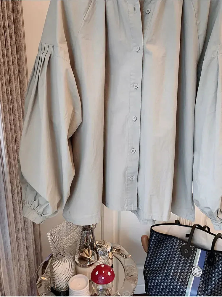 T-line Lantern Sleeve Shirt, Loose Shirt, solid color,  Women's Button up Cotton Blend Shirt, blouse,  (2 weeks delivery)