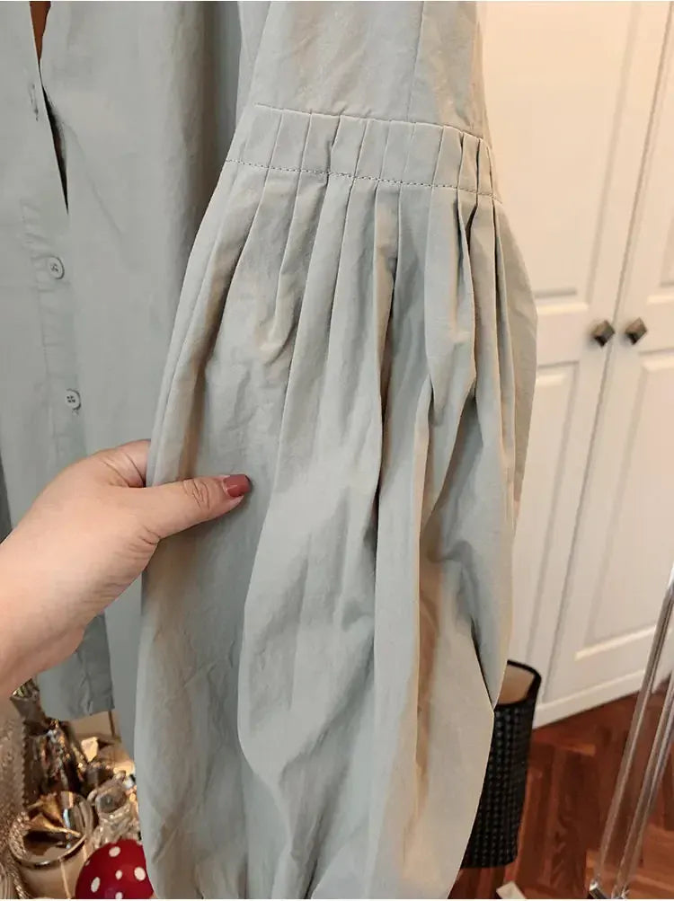 T-line Lantern Sleeve Shirt, Loose Shirt, solid color,  Women's Button up Cotton Blend Shirt, blouse,  (2 weeks delivery)