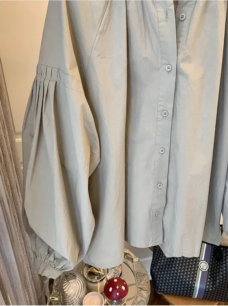 T-line Lantern Sleeve Shirt, Loose Shirt, solid color,  Women's Button up Cotton Blend Shirt, blouse,  (2 weeks delivery)