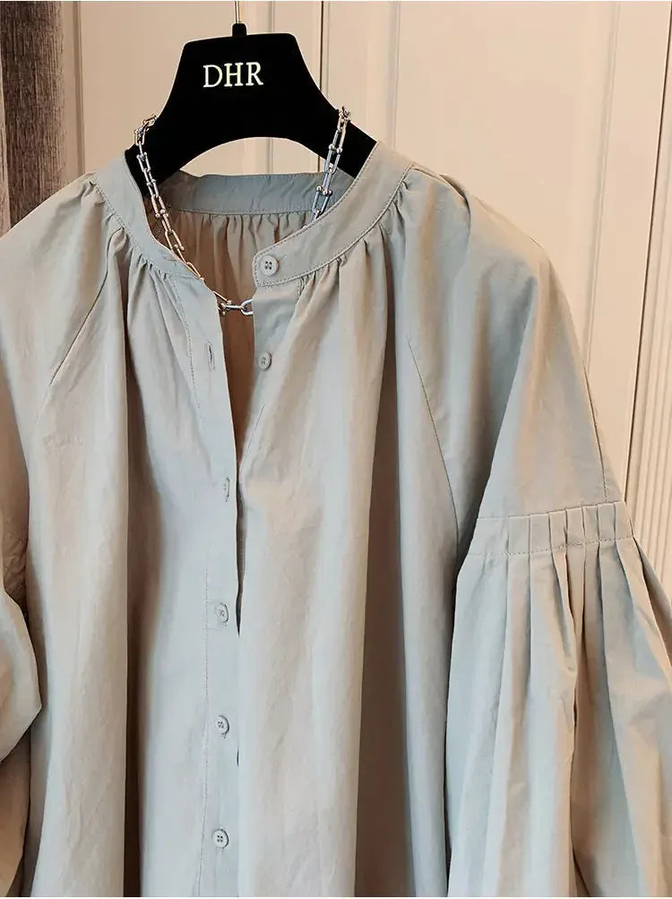 T-line Lantern Sleeve Shirt, Loose Shirt, solid color,  Women's Button up Cotton Blend Shirt, blouse,  (2 weeks delivery)