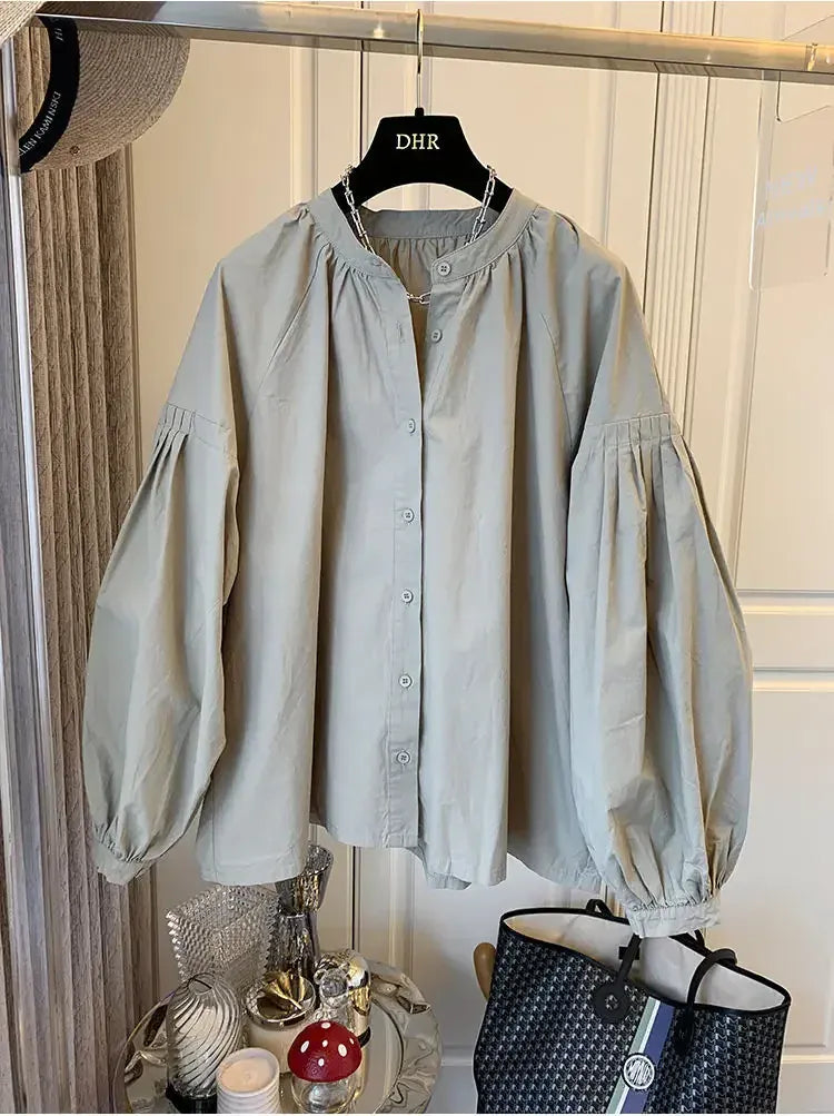 T-line Lantern Sleeve Shirt, Loose Shirt, solid color,  Women's Button up Cotton Blend Shirt, blouse,  (2 weeks delivery)