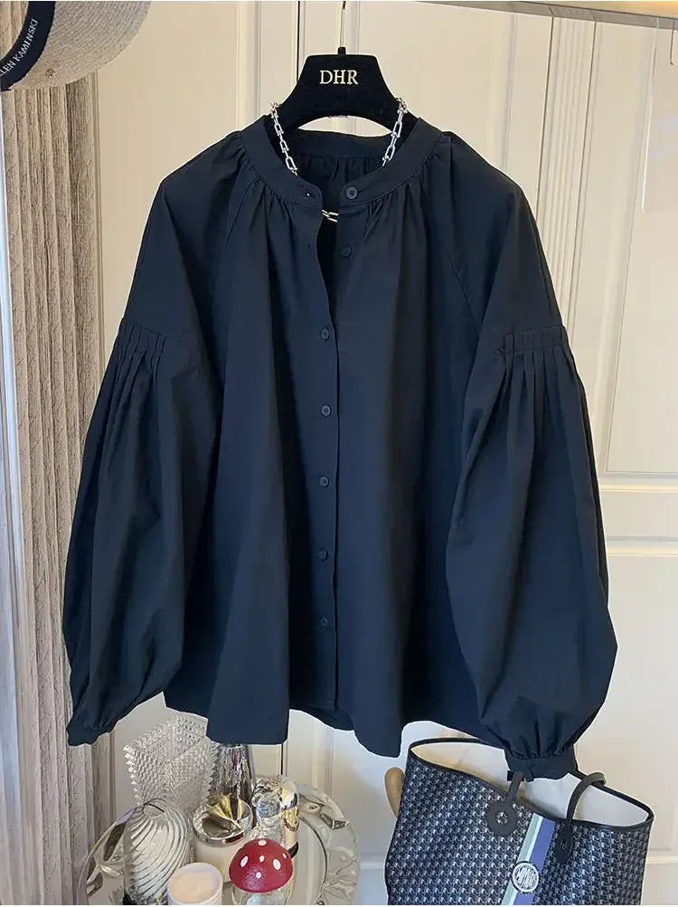 T-line Lantern Sleeve Shirt, Loose Shirt, solid color,  Women's Button up Cotton Blend Shirt, blouse,  (2 weeks delivery)