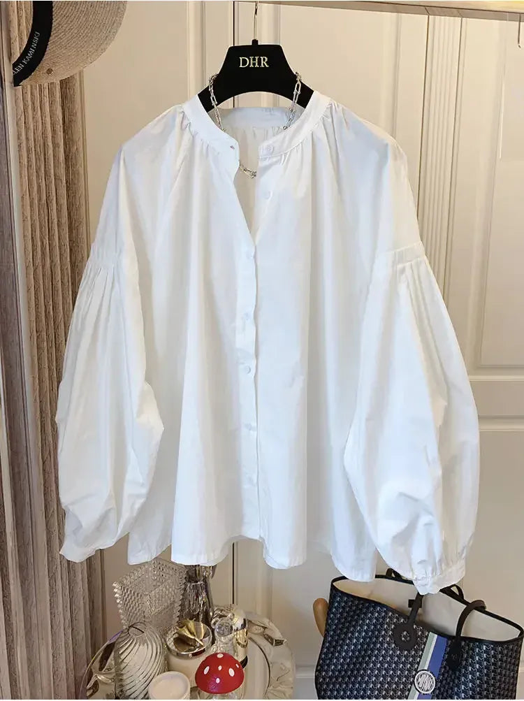 T-line Lantern Sleeve Shirt, Loose Shirt, solid color,  Women's Button up Cotton Blend Shirt, blouse,  (2 weeks delivery)