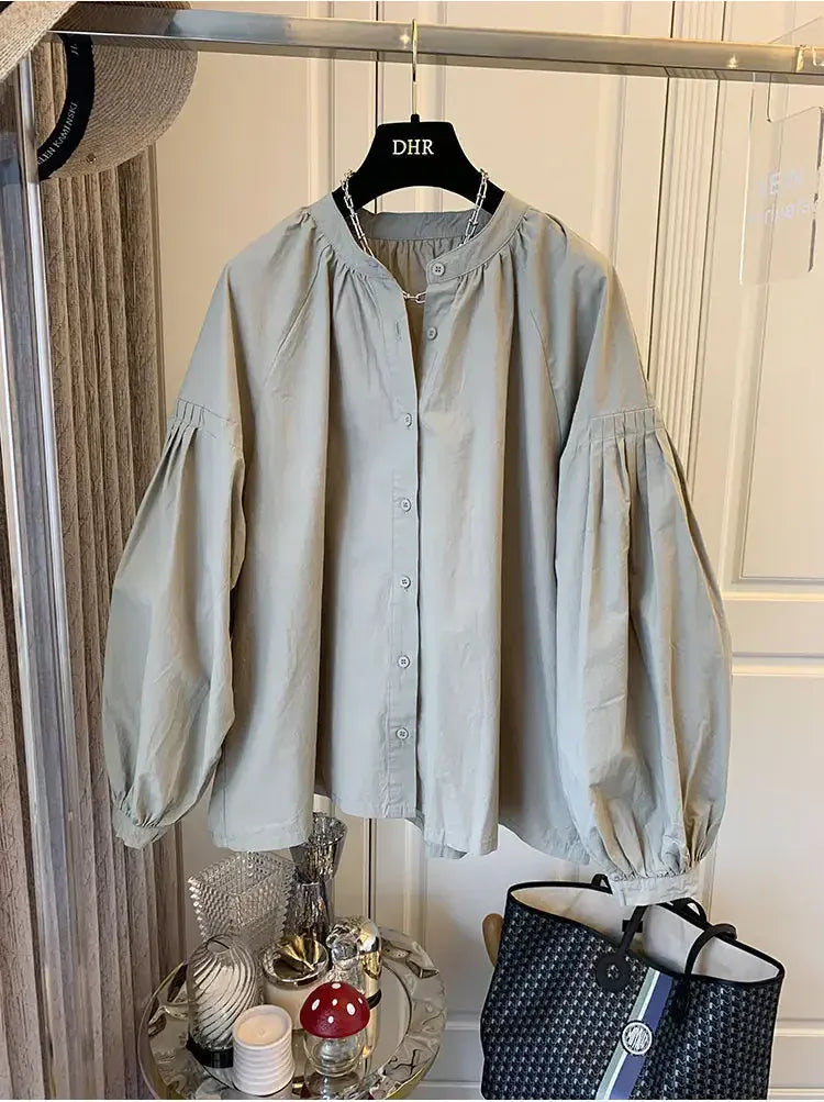 T-line Lantern Sleeve Shirt, Loose Shirt, solid color,  Women's Button up Cotton Blend Shirt, blouse,  (2 weeks delivery)