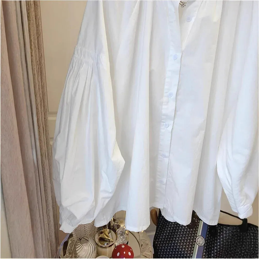 T-line Lantern Sleeve Shirt, Loose Shirt, solid color,  Women's Button up Cotton Blend Shirt, blouse,  (2 weeks delivery)