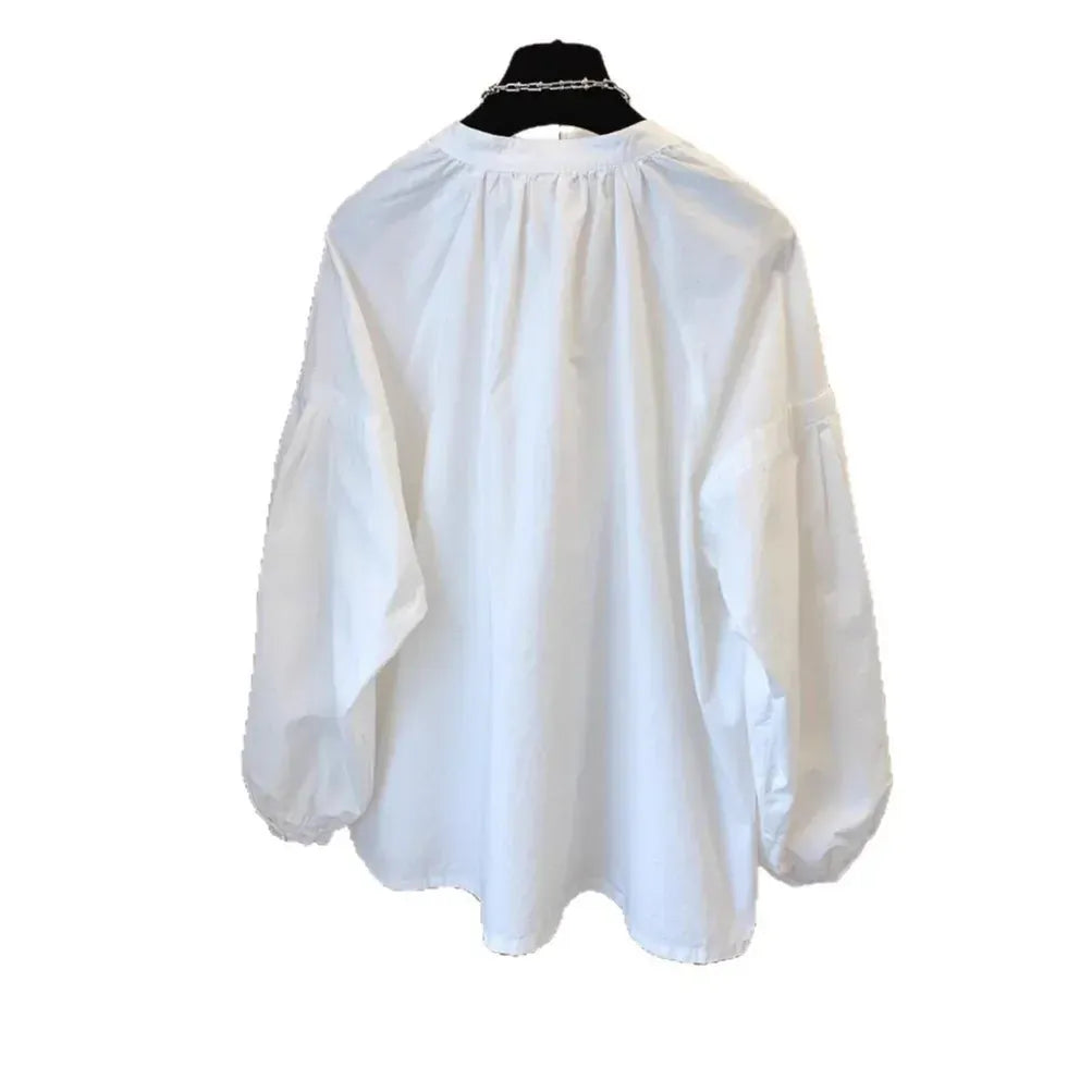 T-line Lantern Sleeve Shirt, Loose Shirt, solid color,  Women's Button up Cotton Blend Shirt, blouse,  (2 weeks delivery)