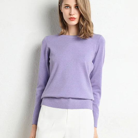 T-line Lavender / M Women Slim O-Neck Solid Pullover Cashmere Wool Blending Sweater Autumn And Winter Long-Sleeved Knit Bottoming Shirt Large Size
