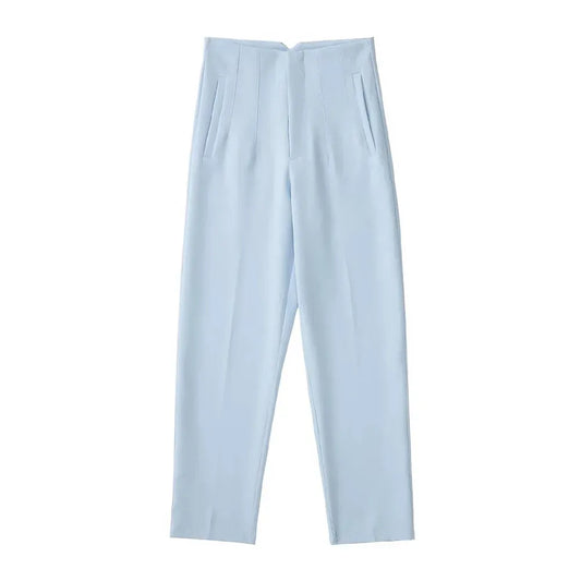 T-line Light Blue / S High Waist Solid Pants, for Women,  Trousers,  Pockets, Zipper  Pants trouser (2 weeks delivery)