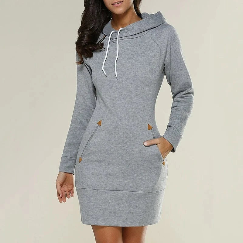T-line Light Gray / S Women‘s Knee-Length, Pockets, Dress, Hooded, Warm, Sweat Shirt, Long Sleeve, Side Zip, pullover(2 weeks delivery),