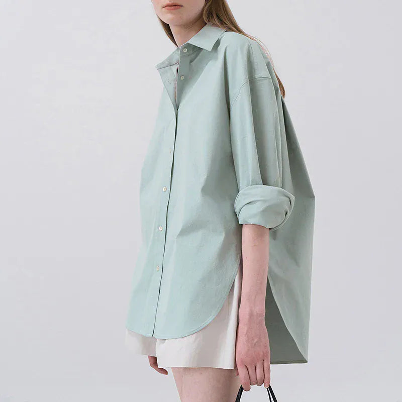 T-line Light Green / S / CHINA 100% Cotton Women's Shirt, Solid Color, Button, Turn-Down Collar, Long-Sleeved (2 weeks delivery)
