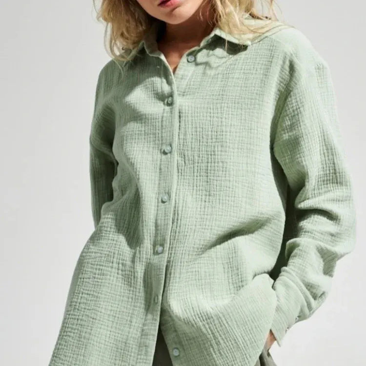 T-line Light Green / S Women's 100% Cotton Shirts, Solid color,  Long Sleeve, Loose Top,s Crepe Shirts, blouse (2 weeks delivery)