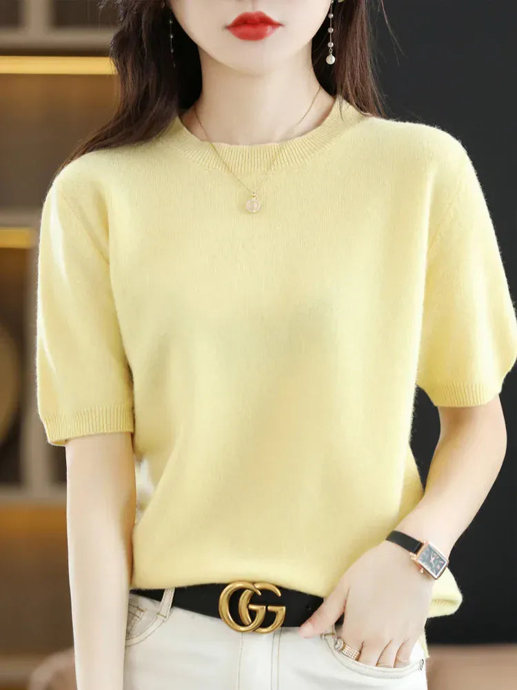 T-line Light Yellow / M / CHINA Short-sleeved Knitwear Women O-neck T-shirt,  Wool, Cotton Pullover, Sweater, Solid, Soft (2 weeks delivery)