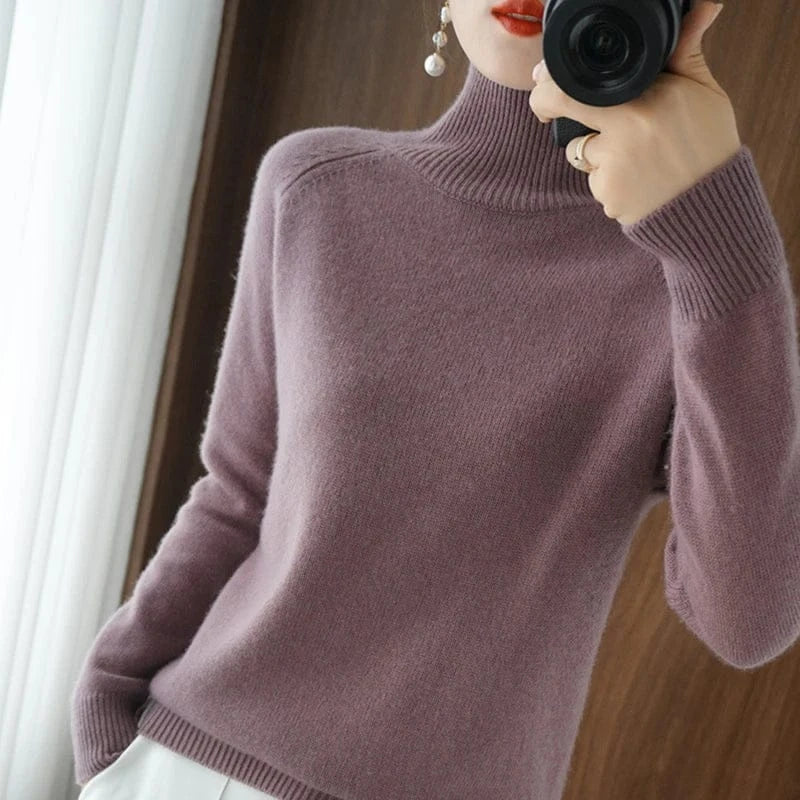 T-line Lilac Purple / XL Women Autumn Winter Turtleneck Sweater Elegant Slim Solid Ribbed Knitted Cashmere Jumpers Female Long Sleeve Pullover Knitwear (2 weeks delivery)