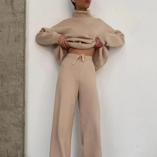 T-line Long Sleeve Brown Wide Leg Pants,   High Neck pullover,  Two Piece Sweater Set, suit  (2 weeks delivery)