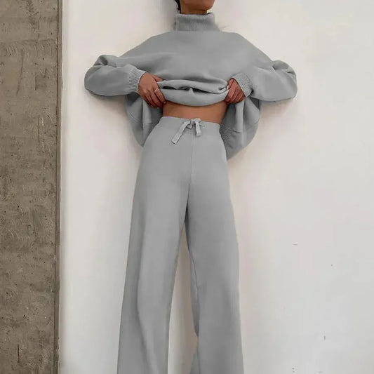 T-line Long Sleeve Brown Wide Leg Pants,   High Neck pullover,  Two Piece Sweater Set, suit  (2 weeks delivery)