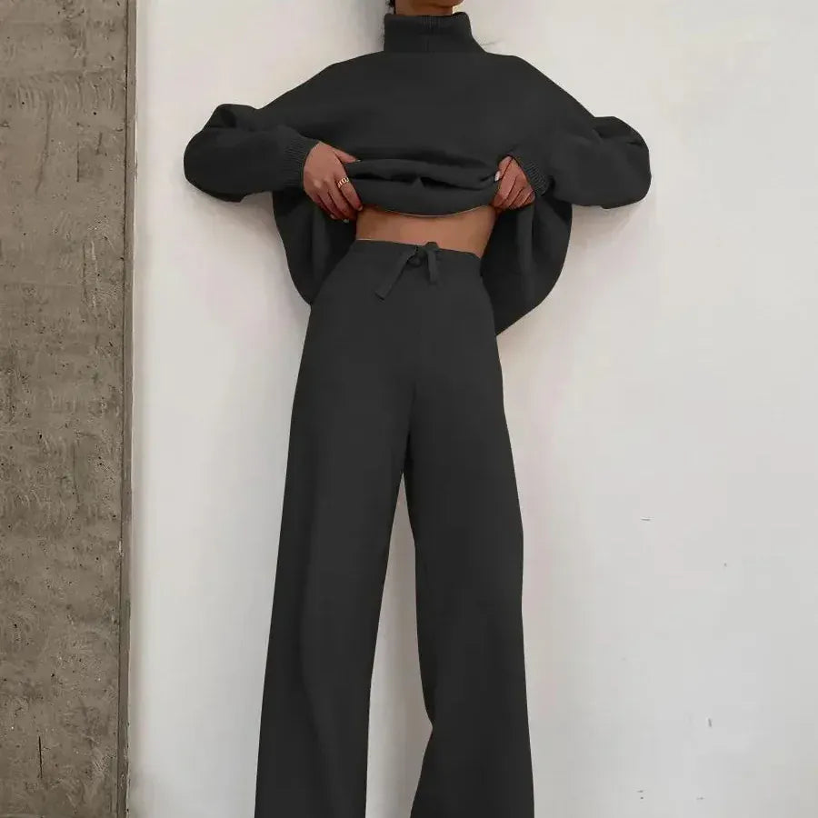 T-line Long Sleeve Brown Wide Leg Pants,   High Neck pullover,  Two Piece Sweater Set, suit  (2 weeks delivery)