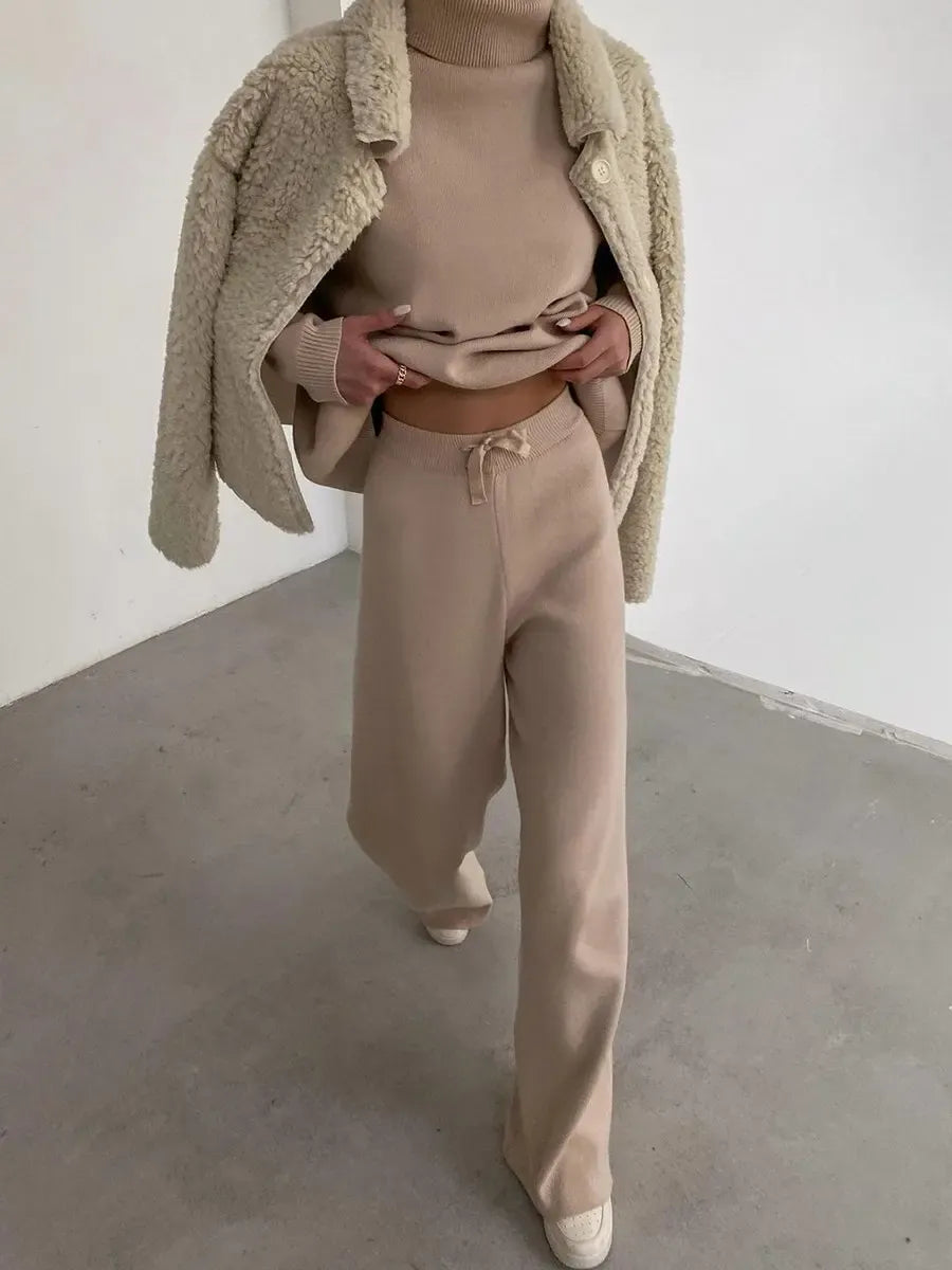 T-line Long Sleeve Brown Wide Leg Pants,   High Neck pullover,  Two Piece Sweater Set, suit  (2 weeks delivery)