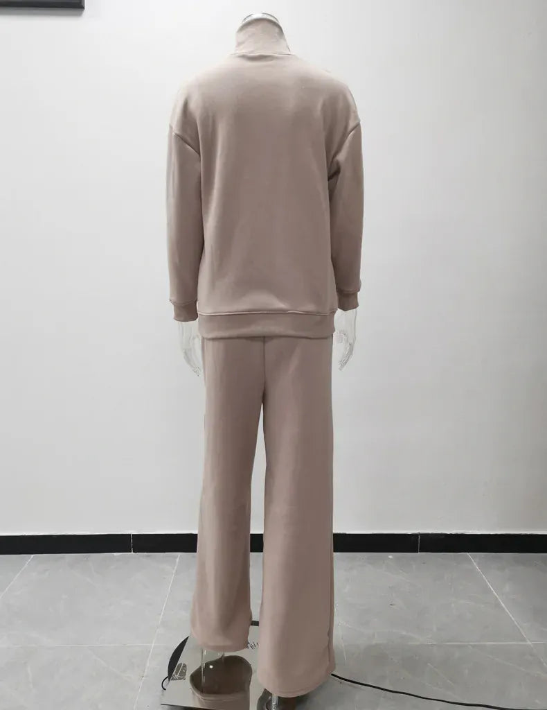 T-line Long Sleeve Brown Wide Leg Pants,   High Neck pullover,  Two Piece Sweater Set, suit  (2 weeks delivery)