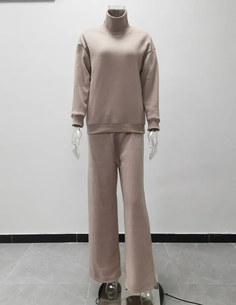 T-line Long Sleeve Brown Wide Leg Pants,   High Neck pullover,  Two Piece Sweater Set, suit  (2 weeks delivery)