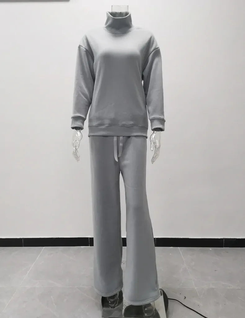 T-line Long Sleeve Brown Wide Leg Pants,   High Neck pullover,  Two Piece Sweater Set, suit  (2 weeks delivery)