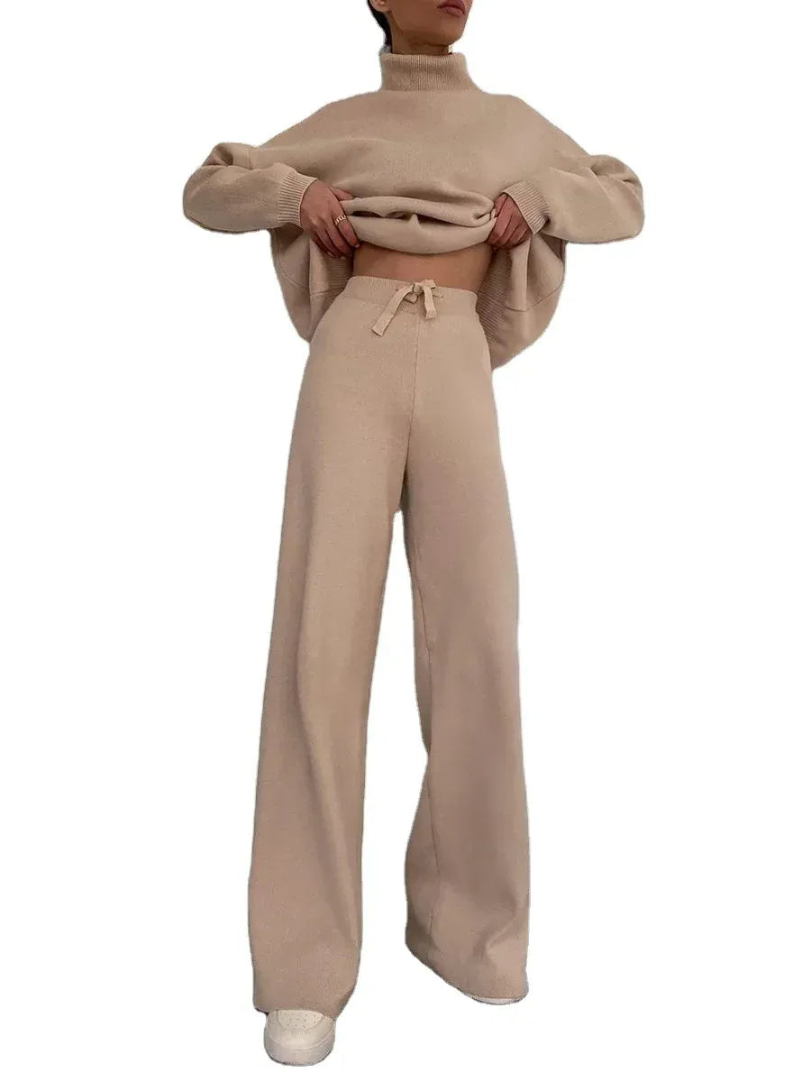 T-line Long Sleeve Brown Wide Leg Pants,   High Neck pullover,  Two Piece Sweater Set, suit  (2 weeks delivery)
