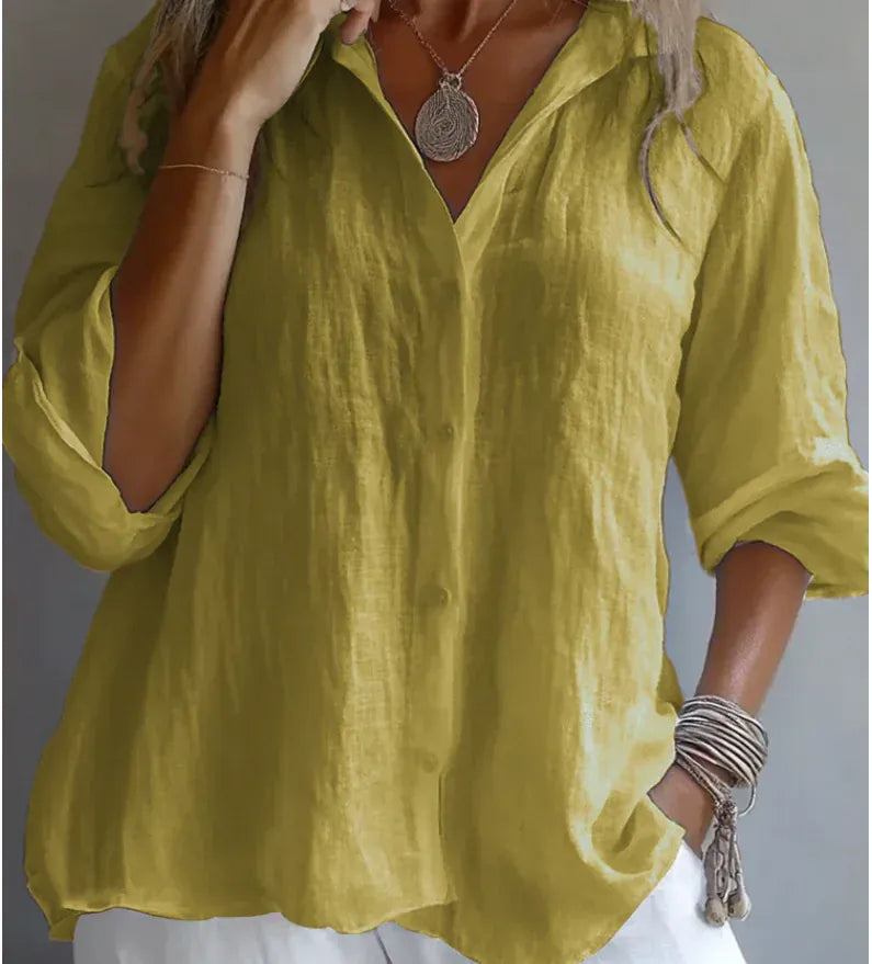 T-line Long Sleeve, Pure Color, Women Cotton, Linen, Button, blouse (2 weeks delivery)