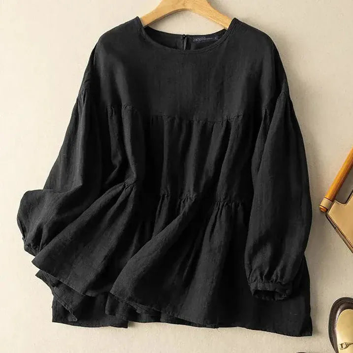 T-line Long Sleeve Shirt, Woman Casual Cotton Blouse, Female O-Neck Solid color, Button  (2 weeks delivery)