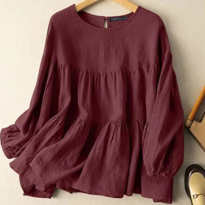 T-line Long Sleeve Shirt, Woman Casual Cotton Blouse, Female O-Neck Solid color, Button  (2 weeks delivery)
