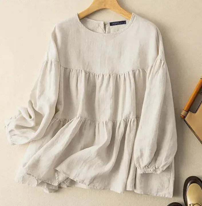 T-line Long Sleeve Shirt, Woman Casual Cotton Blouse, Female O-Neck Solid color, Button  (2 weeks delivery)