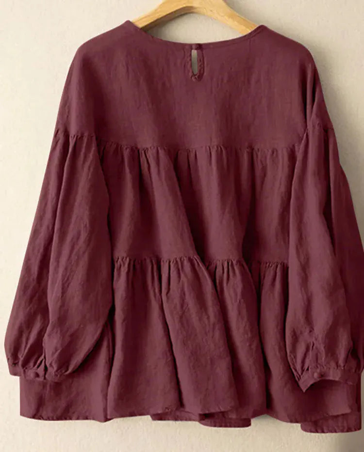 T-line Long Sleeve Shirt, Woman Casual Cotton Blouse, Female O-Neck Solid color, Button  (2 weeks delivery)