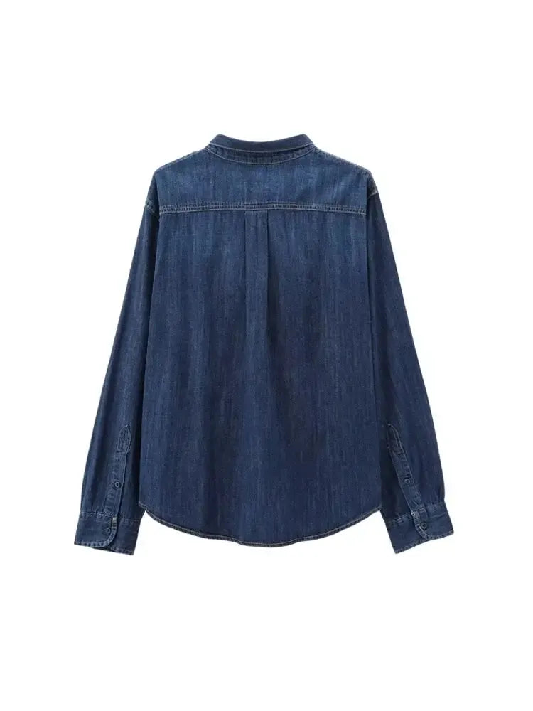 T-line Long Sleeve  Shirts, for Women, Button-up, Patch Pocket, Denim Blouses, shirt,  (2 weeks delivery)