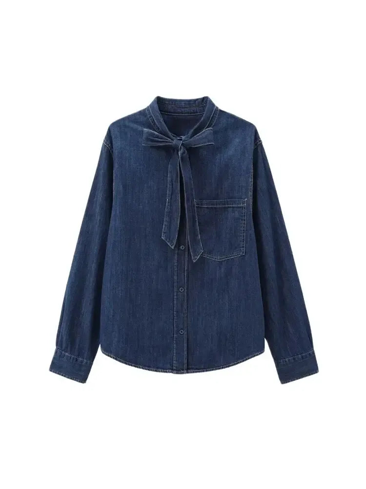 T-line Long Sleeve  Shirts, for Women, Button-up, Patch Pocket, Denim Blouses, shirt,  (2 weeks delivery)