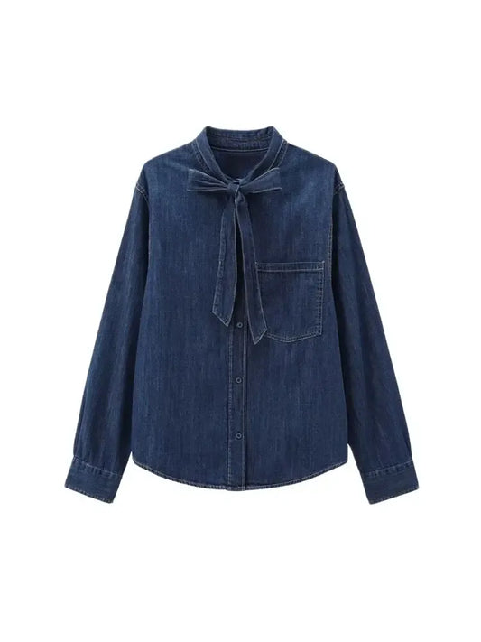 T-line Long Sleeve  Shirts, for Women, Button-up, Patch Pocket, Denim Blouses, shirt,  (2 weeks delivery)