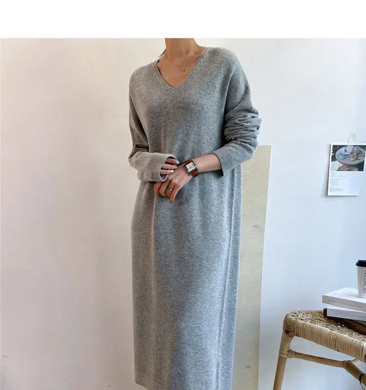 T-line Long Sweater Dress Women, Autumn / Winter  V Neck, Knitted, Loose Women Maxi Cashmere Dress(2 weeks delivery)