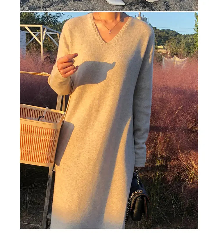 T-line Long Sweater Dress Women, Autumn / Winter  V Neck, Knitted, Loose Women Maxi Cashmere Dress(2 weeks delivery)