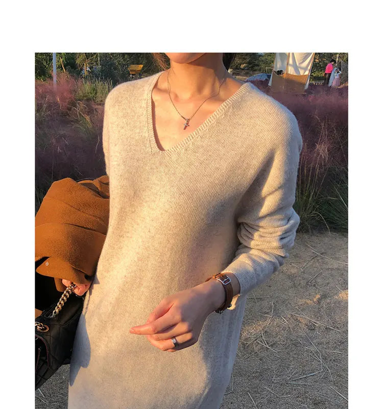 T-line Long Sweater Dress Women, Autumn / Winter  V Neck, Knitted, Loose Women Maxi Cashmere Dress(2 weeks delivery)