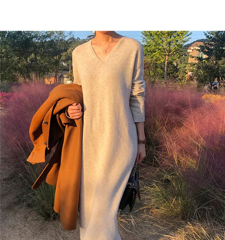 T-line Long Sweater Dress Women, Autumn / Winter  V Neck, Knitted, Loose Women Maxi Cashmere Dress(2 weeks delivery)