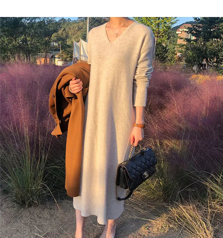 T-line Long Sweater Dress Women, Autumn / Winter  V Neck, Knitted, Loose Women Maxi Cashmere Dress(2 weeks delivery)