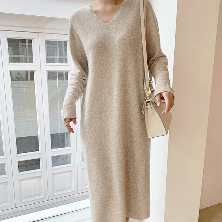 T-line Long Sweater Dress Women, Autumn / Winter  V Neck, Knitted, Loose Women Maxi Cashmere Dress(2 weeks delivery)