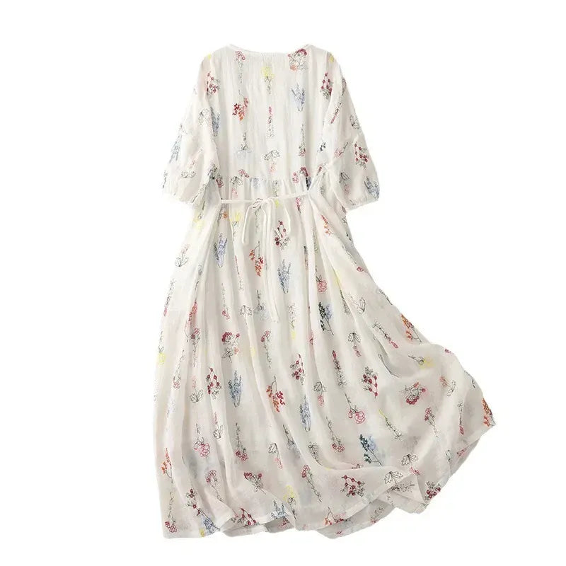 T-line M / Floral Summer  Lightweight Printed Cotton Linen Wide Skirt Women's  Round Neck Half Sleeve Dress (2 weeks delivery)