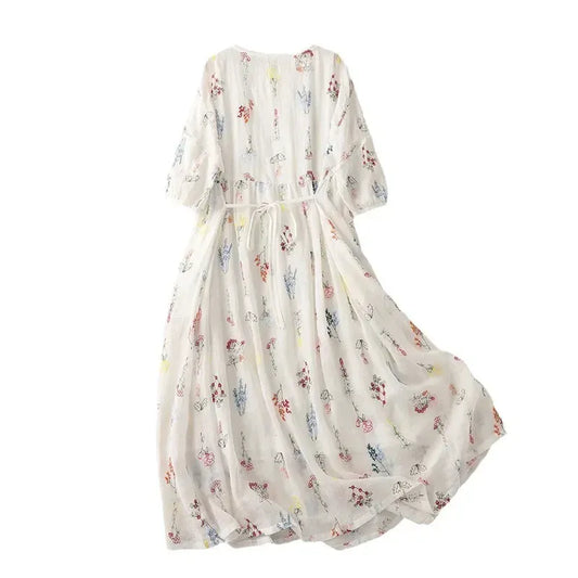 T-line M / Floral Summer  Lightweight Printed Cotton Linen Wide Skirt Women's  Round Neck Half Sleeve Dress (2 weeks delivery)