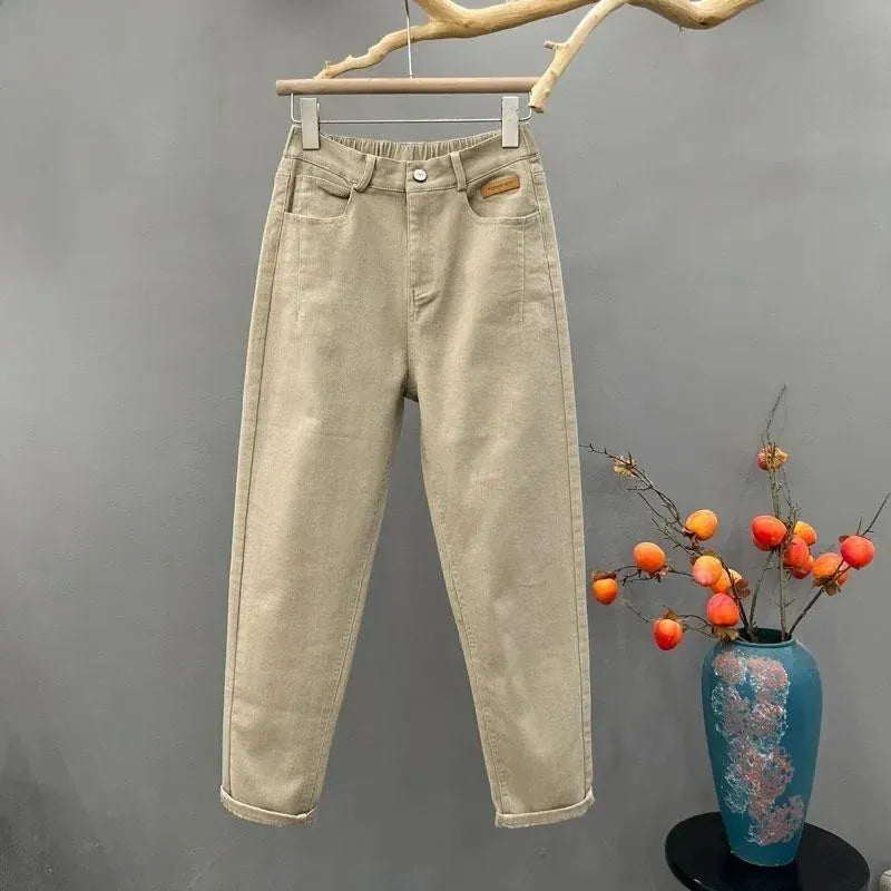 T-line M recommendation 40.00 kg-52.50 kg / Khaki Loose Women's Jeans, High Waist,  Pants, Spring / Autumn  Slimming Female trouser, pant, denim(2 weeks delivery)