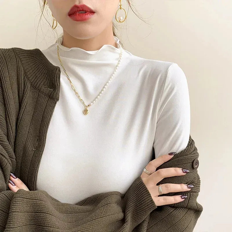 T-line M / WHITE Women's Half Polo Turtle Neck Base Layer Top New Spring Autumn Winter White Long Sleeve T-Shirt Wooden Ear Decoration Stylish Hi