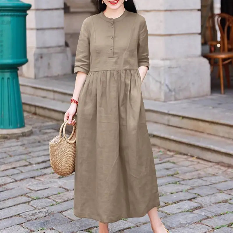 T-line Midi Dress, Half Sleeve, Solid Color, Autumn Pleated, O Neck,  Femme, vacation, summer(2 weeks delivery)