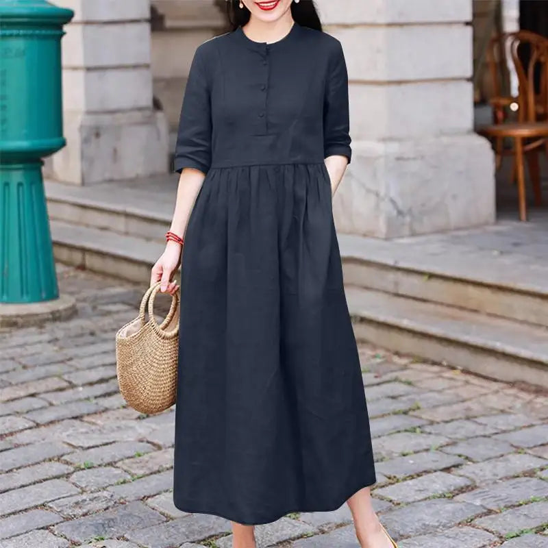 T-line Midi Dress, Half Sleeve, Solid Color, Autumn Pleated, O Neck,  Femme, vacation, summer(2 weeks delivery)
