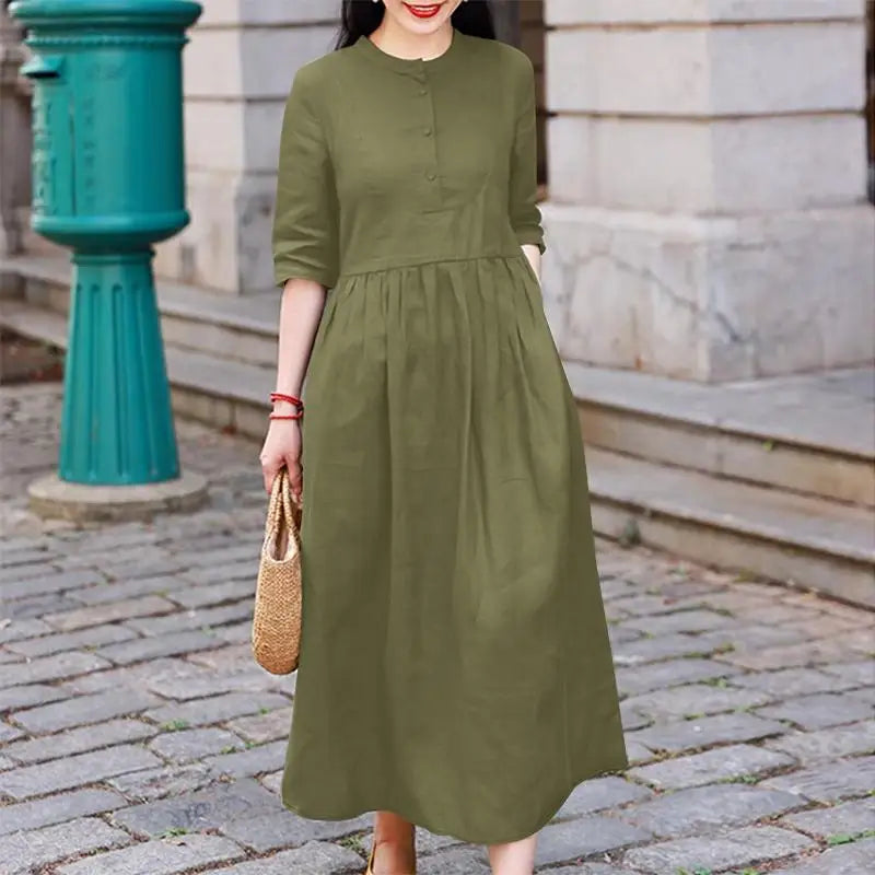 T-line Midi Dress, Half Sleeve, Solid Color, Autumn Pleated, O Neck,  Femme, vacation, summer(2 weeks delivery)