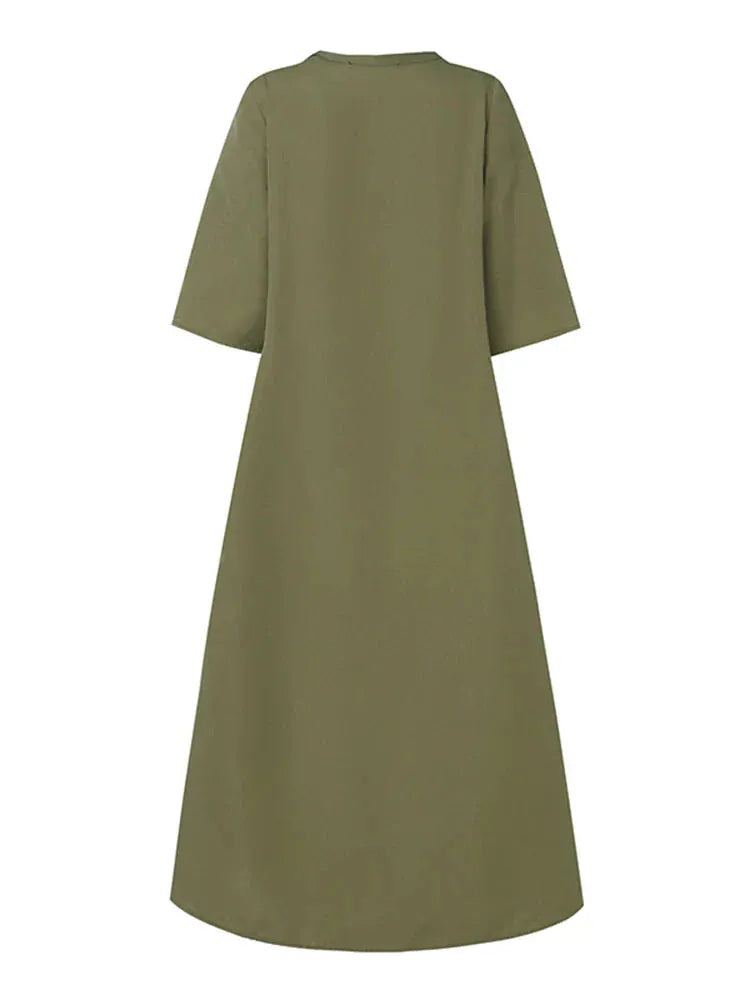 T-line Midi Dress, Half Sleeve, Solid Color, Autumn Pleated, O Neck,  Femme, vacation, summer(2 weeks delivery)