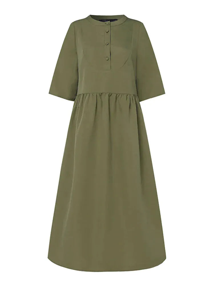 T-line Midi Dress, Half Sleeve, Solid Color, Autumn Pleated, O Neck,  Femme, vacation, summer(2 weeks delivery)