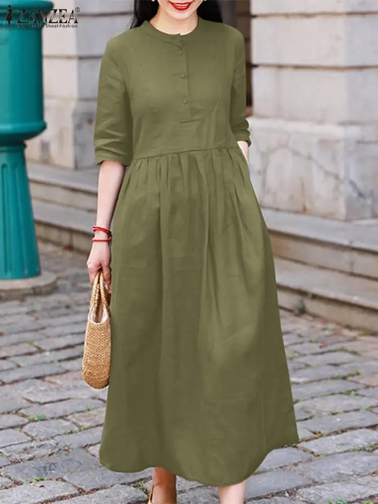 T-line Midi Dress, Half Sleeve, Solid Color, Autumn Pleated, O Neck,  Femme, vacation, summer(2 weeks delivery)