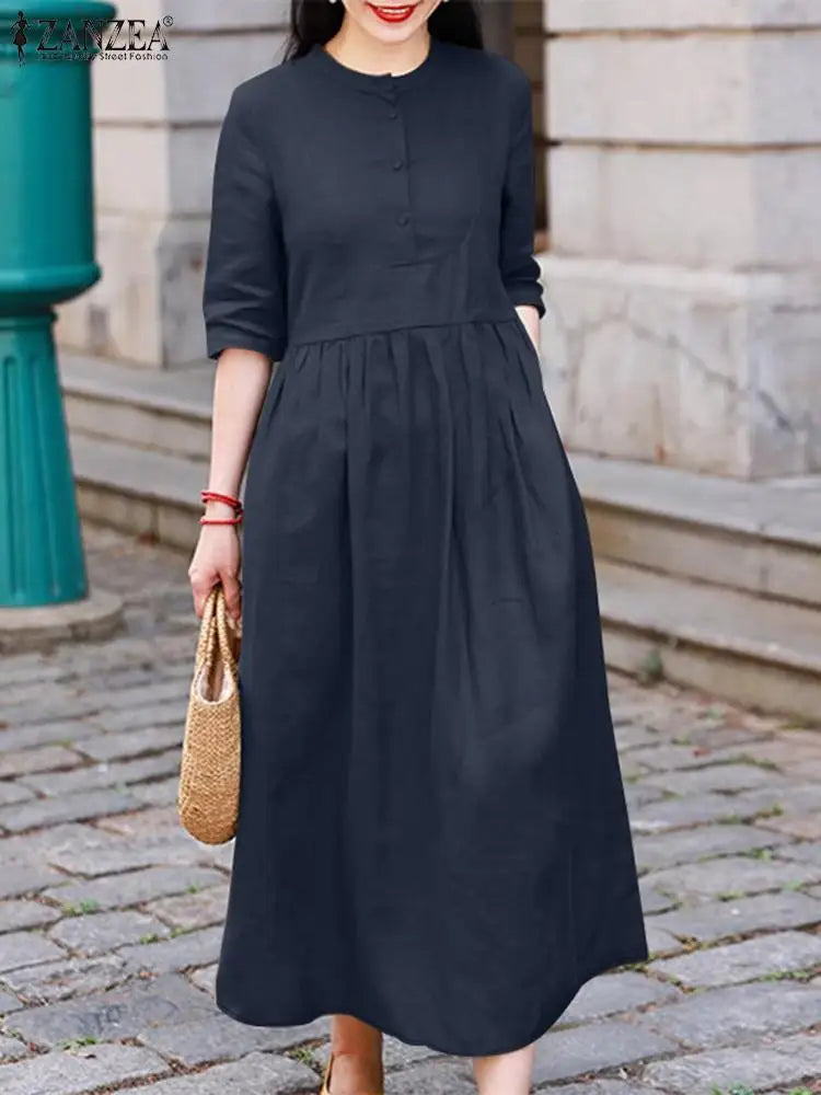 T-line Midi Dress, Half Sleeve, Solid Color, Autumn Pleated, O Neck,  Femme, vacation, summer(2 weeks delivery)
